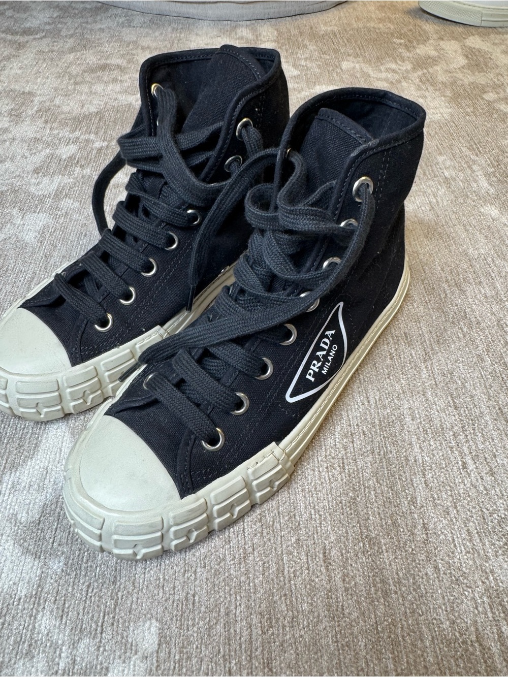 Prada Black Canvas High-Top Sneakers with Cream Sole/ No Box - Picture 1 of 6